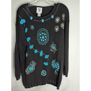 Vintage Studio Collection turquoise silver beaded long sleeve sweater womens M